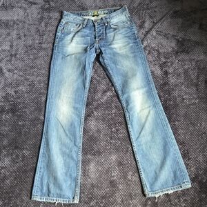 Lucky Brand Slim Bootleg Jeans Men’s 29x32 Medium Wash Blue Distressed Button Fl